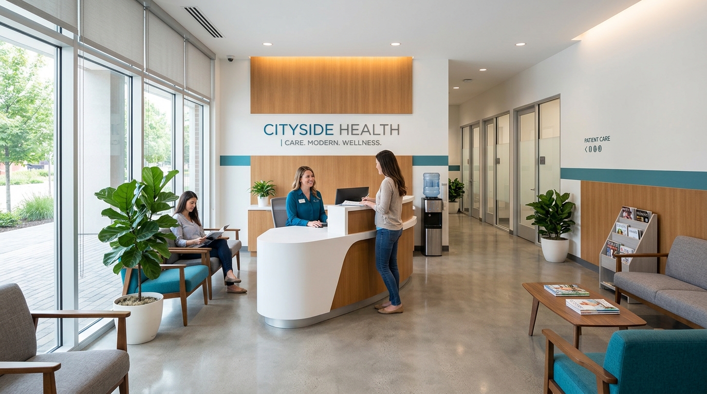 CareFirst Family Clinic modern reception area in Jubilee Hills, Hyderabad